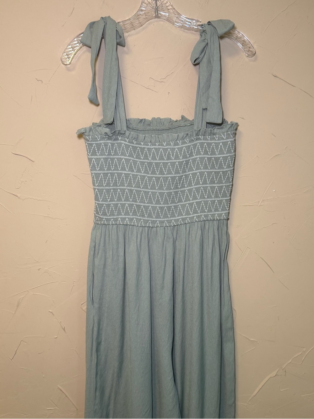 Audrey Parks x Francesca Smocked Jumpsuit M Boho Cottagecore Wide Leg Sage/Mint - Picture 6 of 15